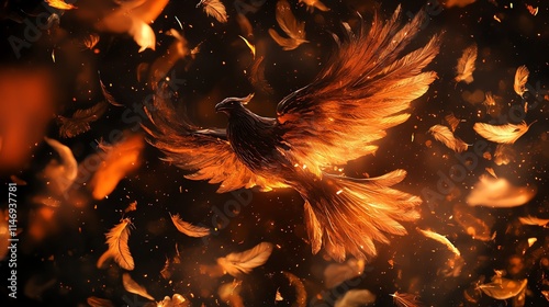 A majestic phoenix rising from fiery ashes, symbolizing rebirth.