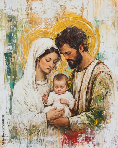 Virgin Mary and Saint Joseph holding baby Jesus Christ. Classic oil painting of Holy family in gold, red and green colors.