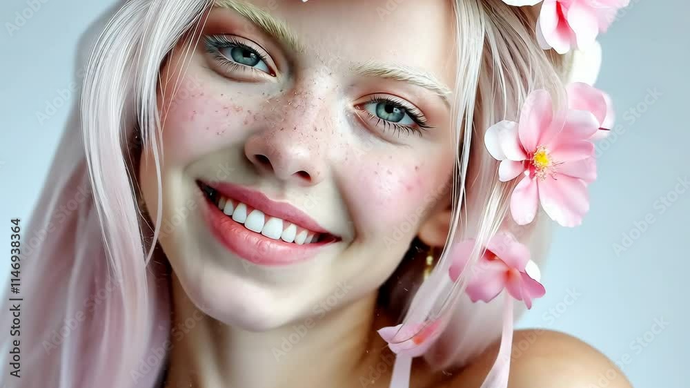 A woman with pink hair and a flower headpiece is the main focus of the image. The flower headpiece is made of pink flowers and is placed on her head, giving her a whimsical and playful appearance