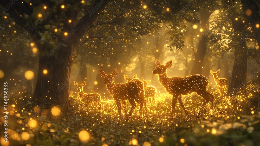 Fototapeta premium Deer in a forest illuminated by magical glowing lights.
