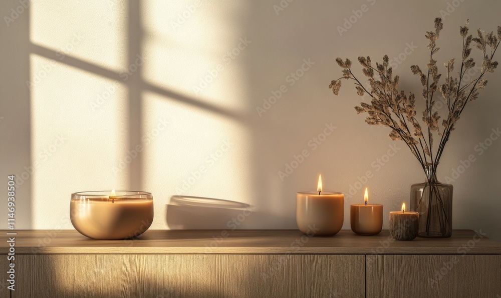 Minimalist sideboard styled with a mocha mousse candle set and sleek decorative objects. Minimalist sideboard styled with a mocha mousse candle set and sleek decorative objects.