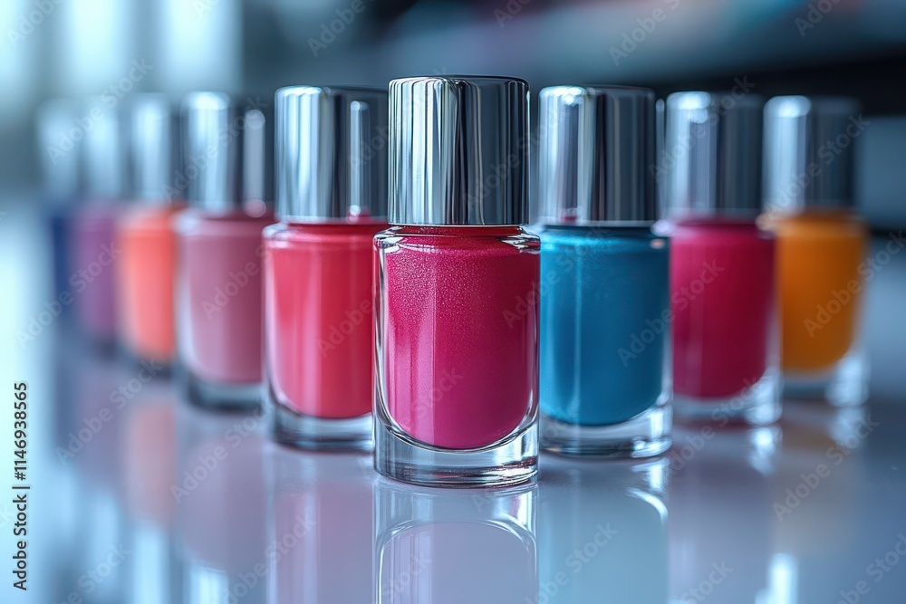 Vibrant Nail Polish Collection on Glossy Surface Vibrant Nail Polish Collection on Glossy Surface