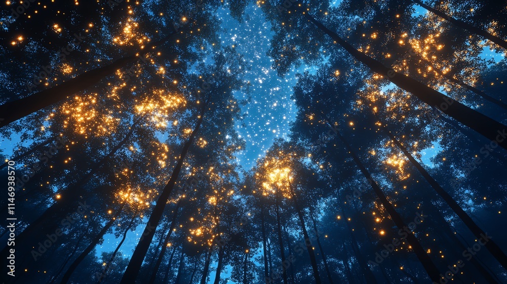 Naklejka premium Magical forest with glowing lights under a starry night sky.
