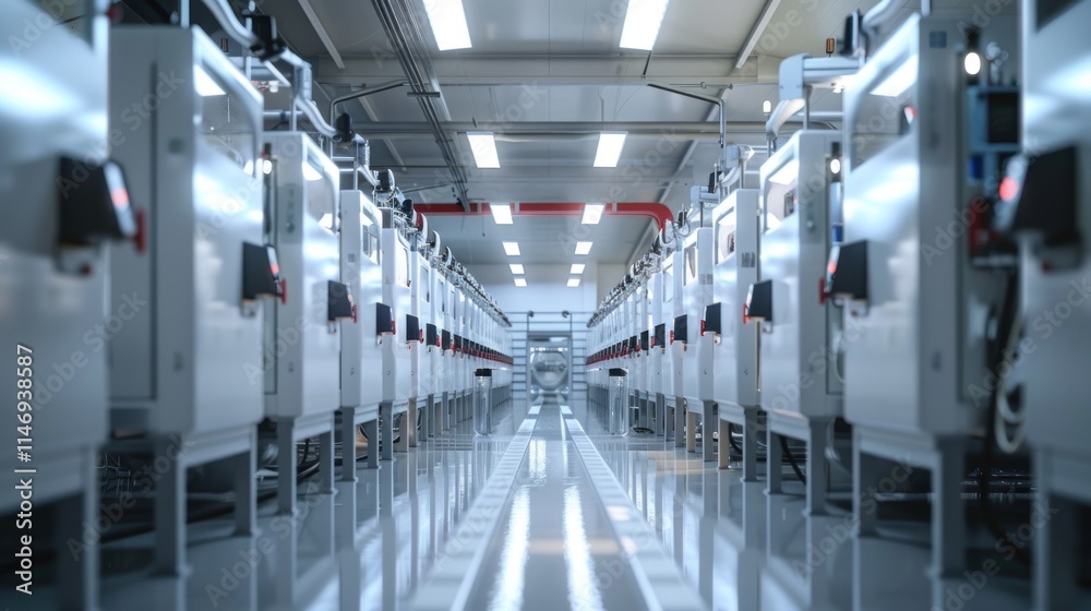 Fototapeta premium Inside a Modern Industrial Facility: A Corridor of Advanced Machinery and Technology