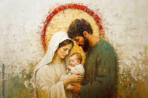Virgin Mary and Saint Joseph holding baby Jesus Christ. Classic oil painting of Holy family