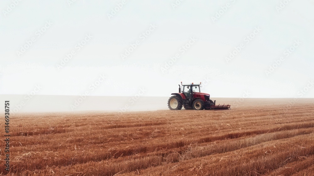 Fototapeta premium Red Tractor Working in a Misty Field During Harvest: A Serene Agricultural Scene