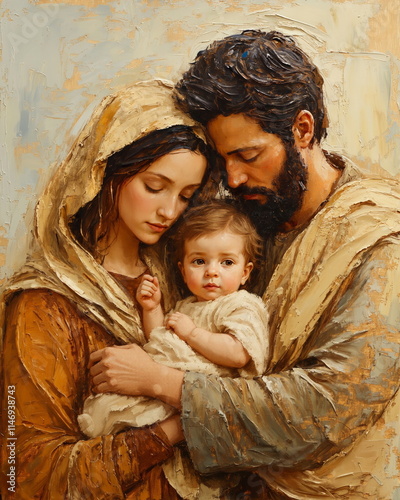 Virgin Mary and Saint Joseph holding baby Jesus Christ. Oil painting of Holy family in impasto style