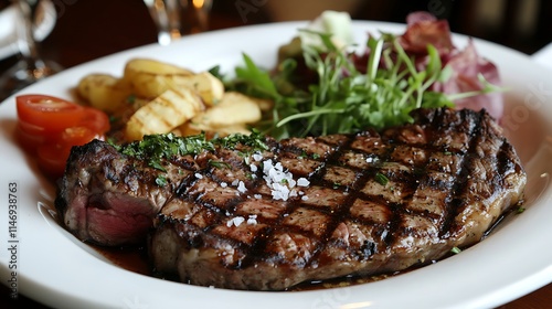 Classic porterhouse steak grilled sliced fillet centerpiece arranged with coarse salt fresh herbs steakhouse