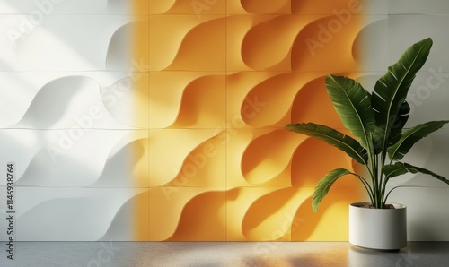 Fototapeta Naklejka Na Ścianę i Meble -  Geometric 3D Wall Wallpaper with Orange and Yellow Trendy Surface. Premium