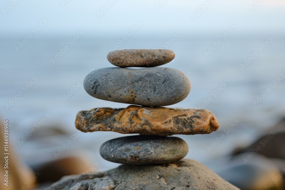Stack of zen stones is balancing on a rock on the beach with the ocean in the background Stack of zen stones is balancing on a rock on the beach with the ocean in the background