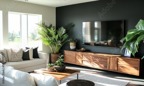 Modern living room  dark vine green accent wall  wood accents  palm plants  cream couch  big TV.