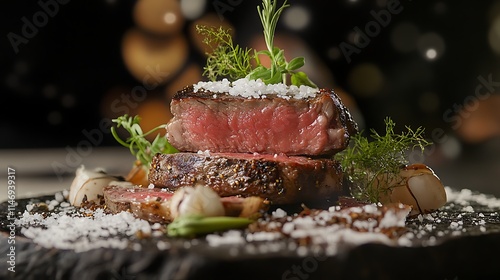 Dry aged porterhouse steak sliced centerpiece garnished with fresh herbs coarse salt American steakhouse presentation