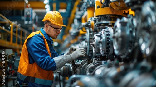 Industrial Worker Inspecting Machinery in a Factory