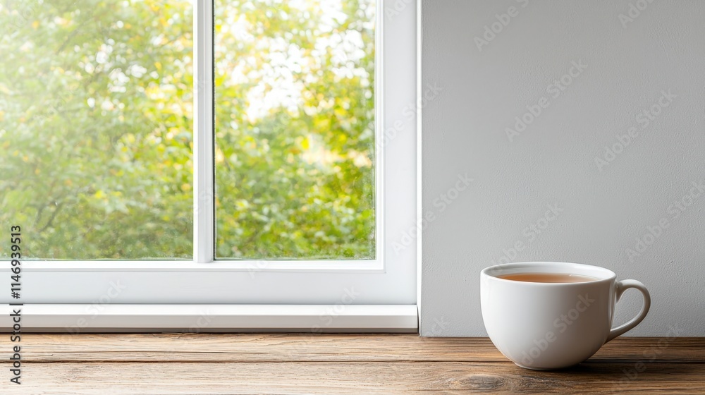 Serene ambiance and relaxing spiritual, A serene scene featuring a white cup on a wooden surface beside a window, with sunlight filtering through foliage outside. Serene ambiance and relaxing spiritual, A serene scene featuring a white cup on a wooden surface beside a window, with sunlight filtering through foliage outside.