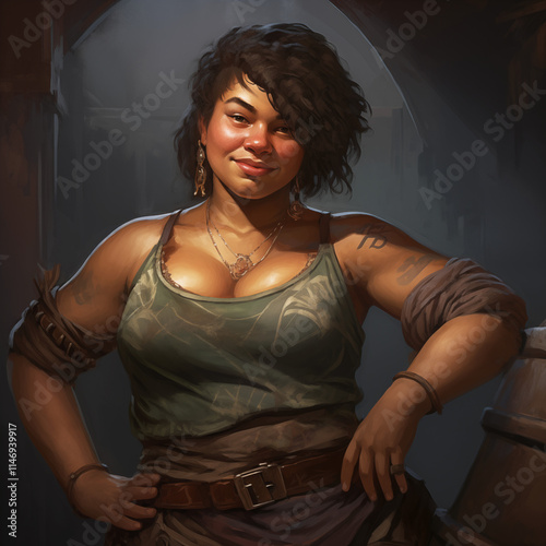Portrait of a medium complexion female dwarf in a tavern from a fantasy world.