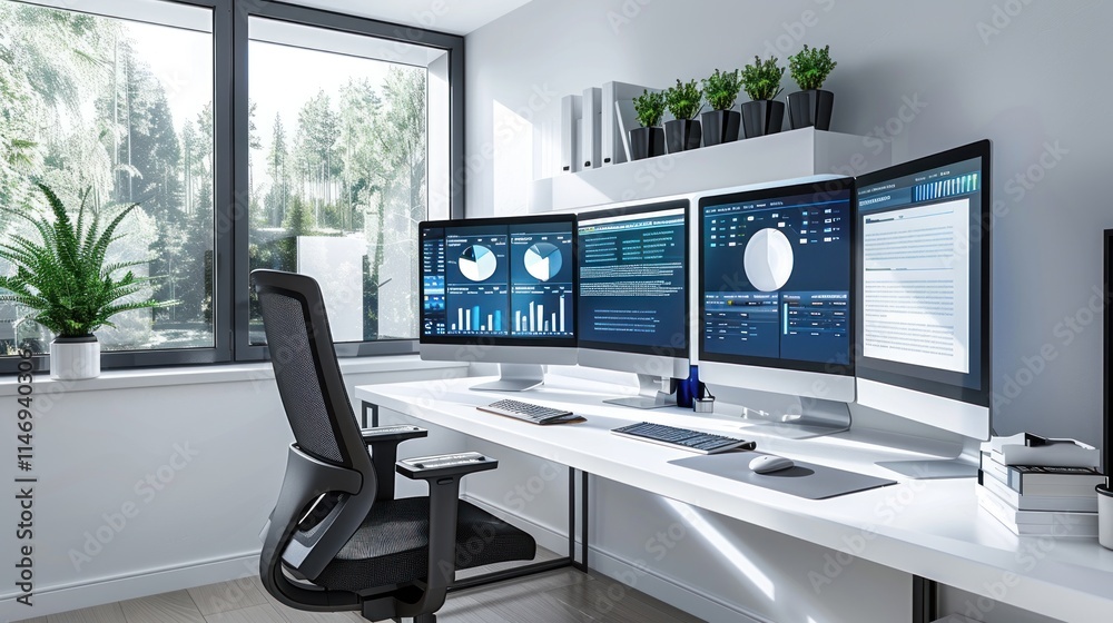 Modern Home Office Setup with Triple Monitor Workstation Modern Home Office Setup with Triple Monitor Workstation