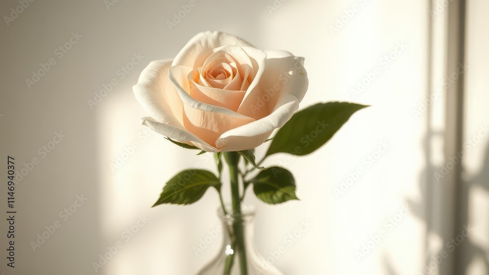 Fototapeta premium Single cream rose, elegant vase, soft light, floral, blossom, image