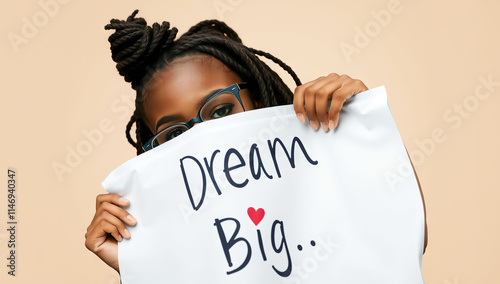 White sheet with the text “dream big”.Generative AI