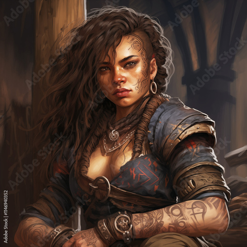 Portrait of a medium complexion female dwarf in a city from a fantasy world.