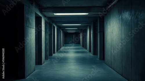 A dimly lit corridor with concrete walls and floors, evoking a sense of isolation.