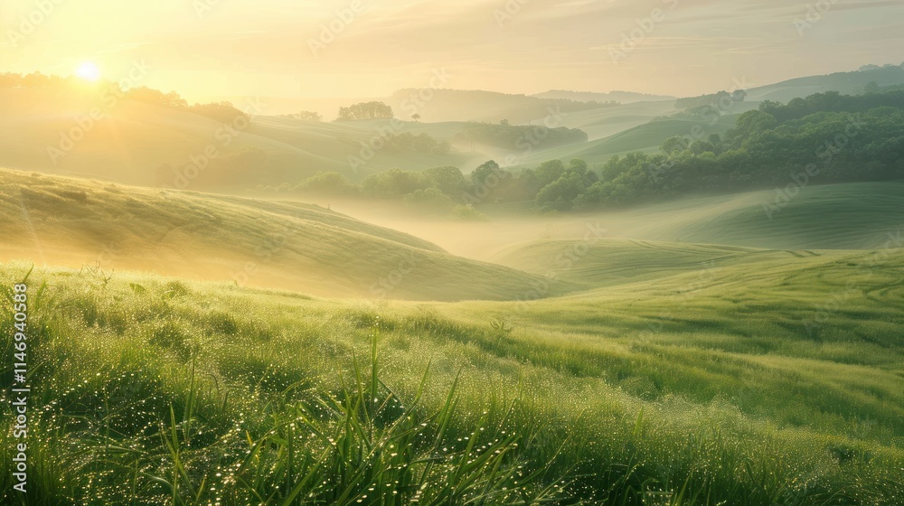 Fototapeta premium Misty Sunrise over Rolling Hills: A Serene Tuscan Landscape