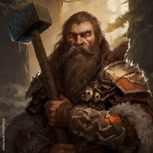 Portrait of a male dwarf paladin in a forest from a fantasy world.