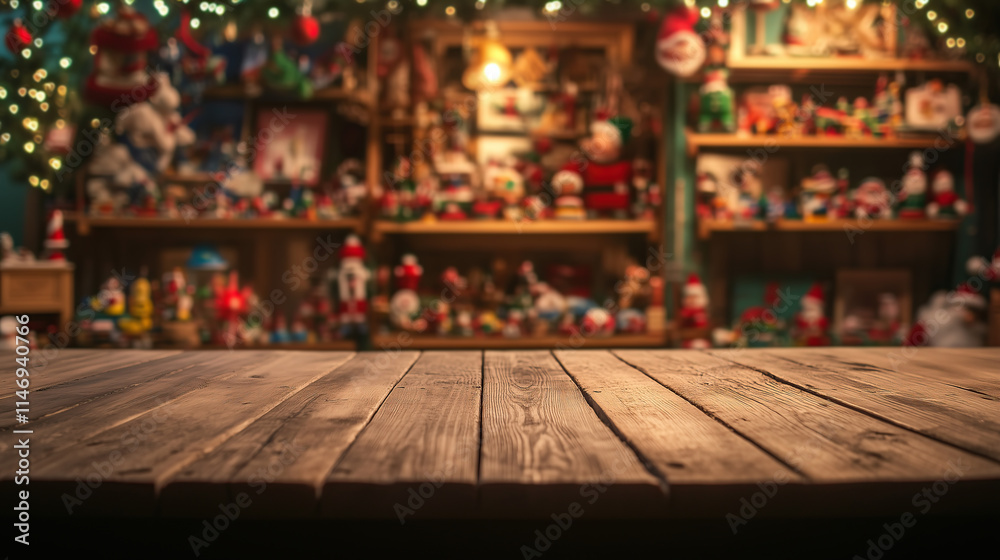 close up of empty wooden table with blurred christmas Santa Claus's workshop background	