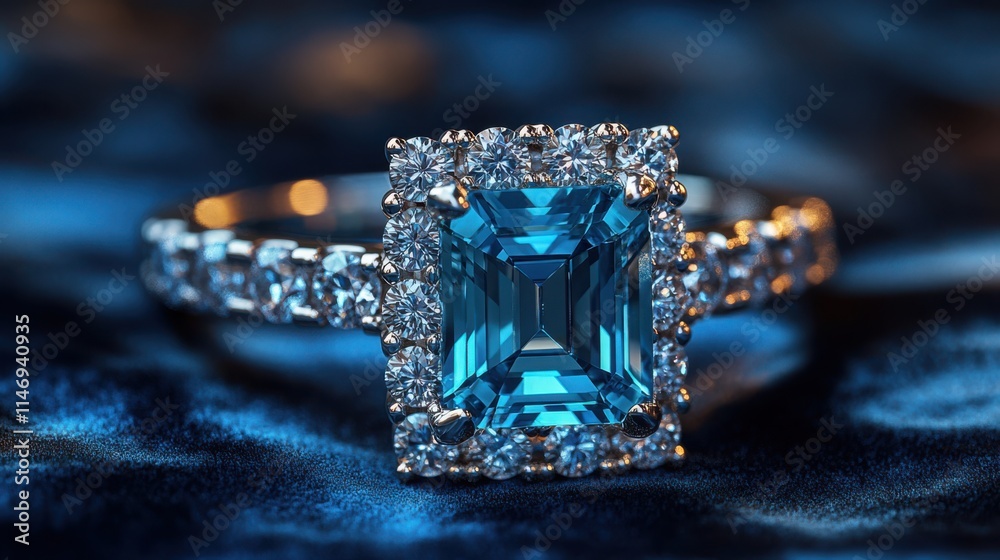 Elegant emerald-cut blue gemstone ring with diamond accents. Elegant emerald-cut blue gemstone ring with diamond accents.