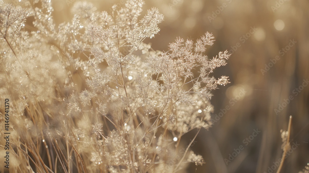 Naklejka premium Close-up of frost-covered dry grass in soft sunlight.