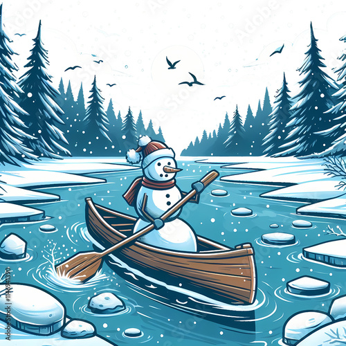 Frosty the Snowman on Christmas in a canoe