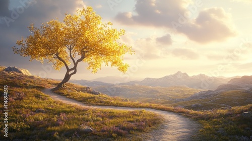 Solitary golden tree on a hilltop path overlooking a scenic valley at sunset.