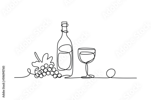 One-Line Wine Bottle and Glass Illustration | Minimalist Continuous Line Art with Grapes | Vector Design