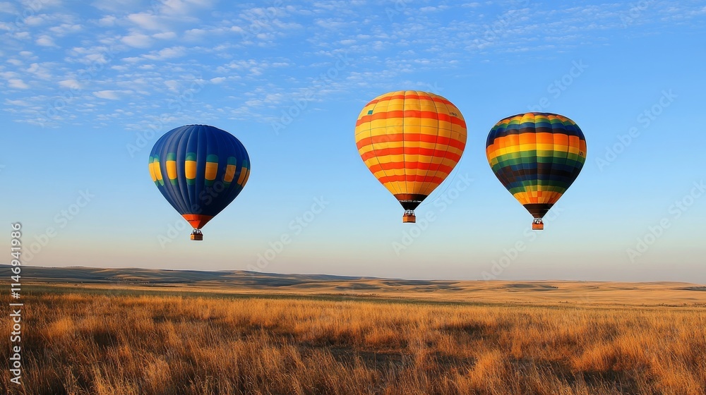 Naklejka premium Three colorful hot air balloons soaring over a golden grassy landscape under a blue sky.