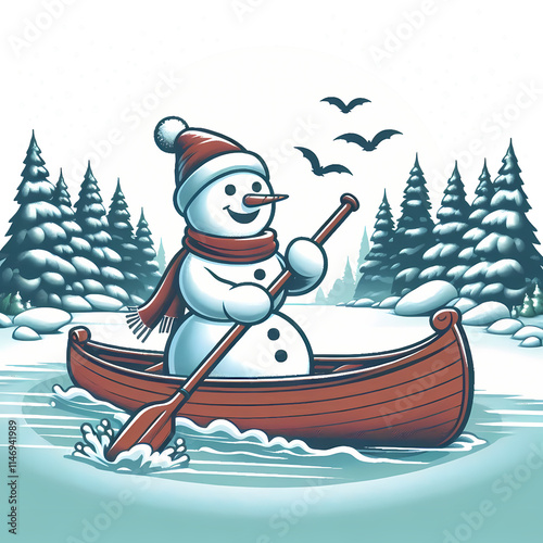 Frosty the Snowman on Christmas in a canoe