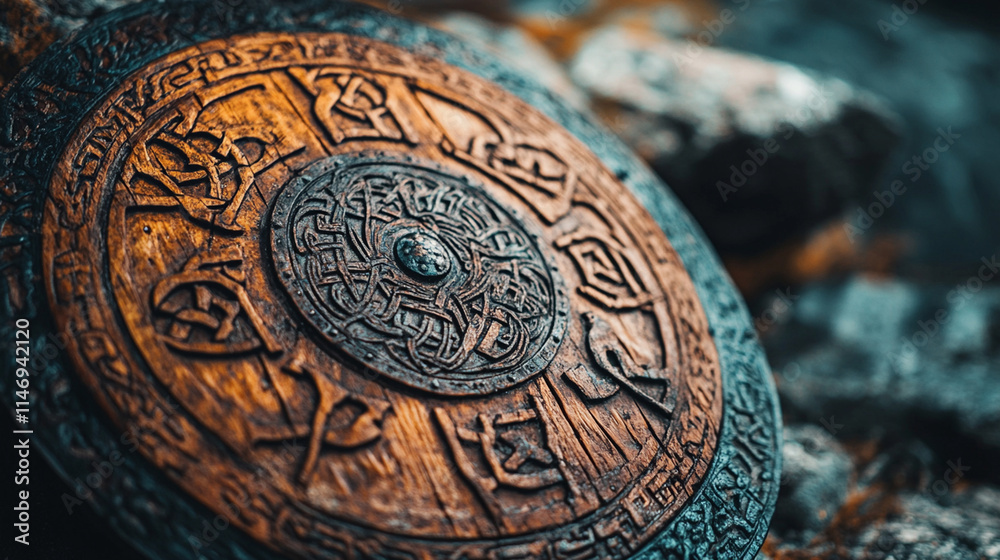 Fototapeta premium Focused view of a Viking warrior's engraved shield depicting Norse symbols.