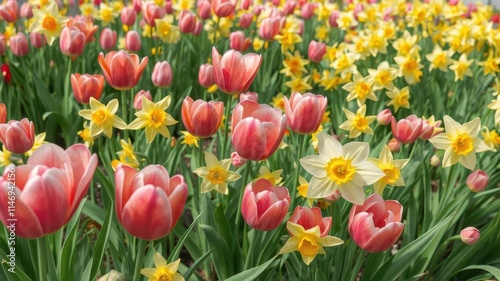 Vibrant spring tulips and daffodils in full bloom, ample copy space, spring flowers, illustration, petals