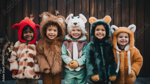 Wallpaper Mural Cheerful diverse group of children in cute animal costumes standing together outdoors. Portrait of smiling multiracial kids wearing playful character outfits. Concept of happy childhood and friendship Torontodigital.ca