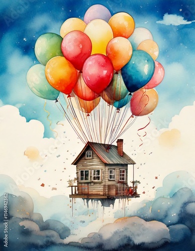Watercolor balloons lifting a tiny house over a dreamy, soft cloudscape