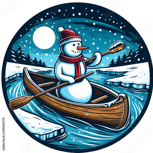 Frosty the Snowman on Christmas in a canoe