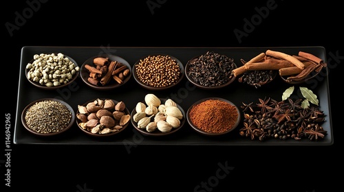 Selection of aromatic spices artistically placed on black