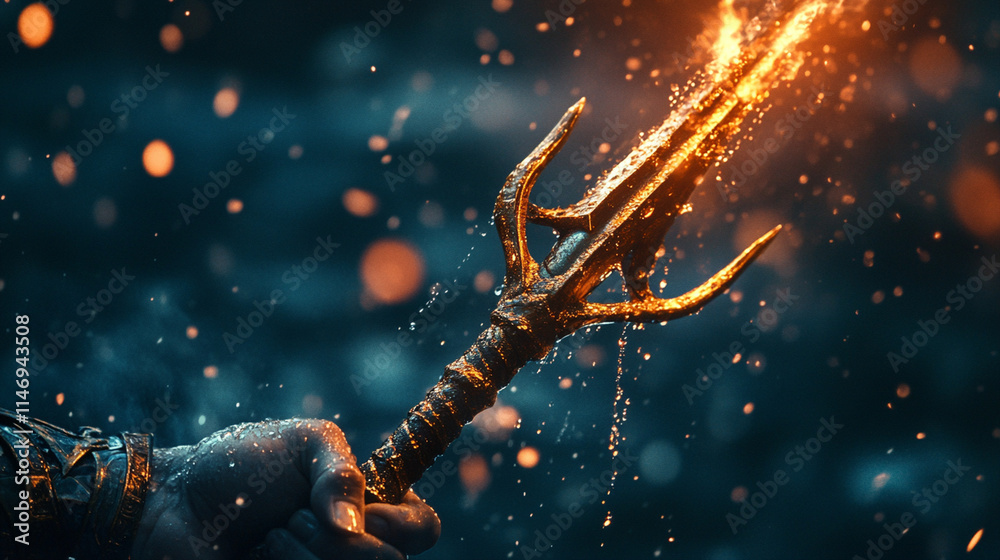 Naklejka premium Close-up of a trident held by Poseidon, with water droplets and an oceanic glow.