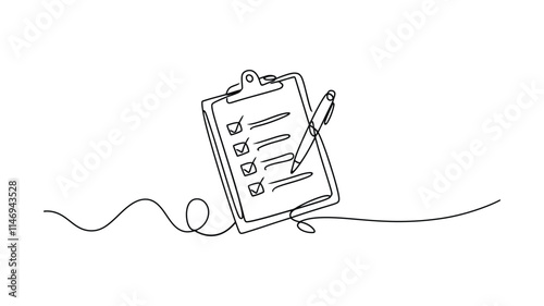 Minimalist Line Art Checklist | One-Line Drawing of Task Clipboard and Pen | Vector Illustration Design photo