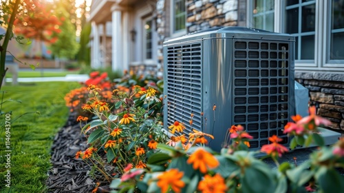 Residential Air Conditioning Unit in a Landscaped Garden Setting