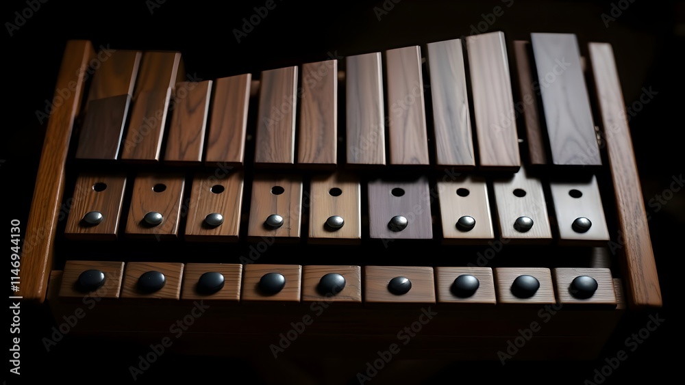 Naklejka premium Close-Up of Wooden Xylophone with Polished Brown Bars and Mallets