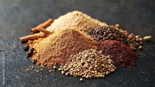 Fototapeta Naklejka Na Ścianę i Meble -  Collection of ground spices sprinkled on dark surface