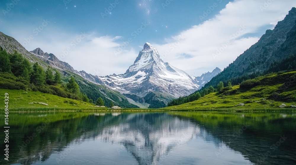 Majestic Matterhorn reflected in serene alpine lake. Majestic Matterhorn reflected in serene alpine lake.