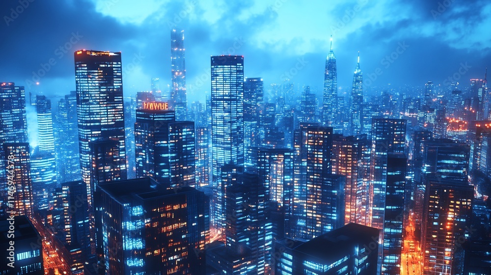 Fototapeta premium Futuristic city skyline at night, illuminated skyscrapers.