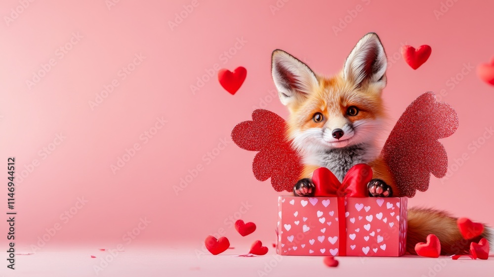 Fototapeta premium Cute fox with heart-shaped wings and gifts celebrates love on a pink background