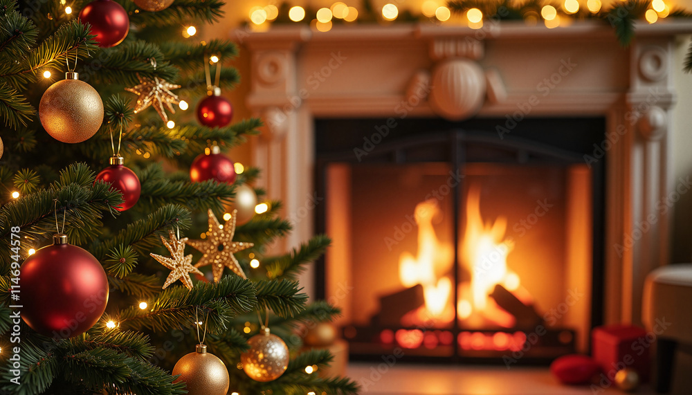Cozy Christmas scene featuring a decorated Christmas tree and a fireplace with glowing fire and warm decorations Cozy Christmas scene featuring a decorated Christmas tree and a fireplace with glowing fire and warm decorations
