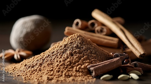 Fototapeta Naklejka Na Ścianę i Meble -  Warm tones of spices contrasted against dark backdrop